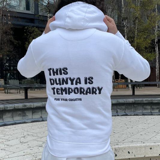 This Dunya Is Temporary Fear Your Creator Hoodie Back - (White)